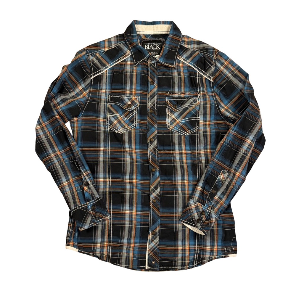 Buckle Black No. 48 Mens Tailored Fit‎ Plaid Western Shirt Blue Black Orange L